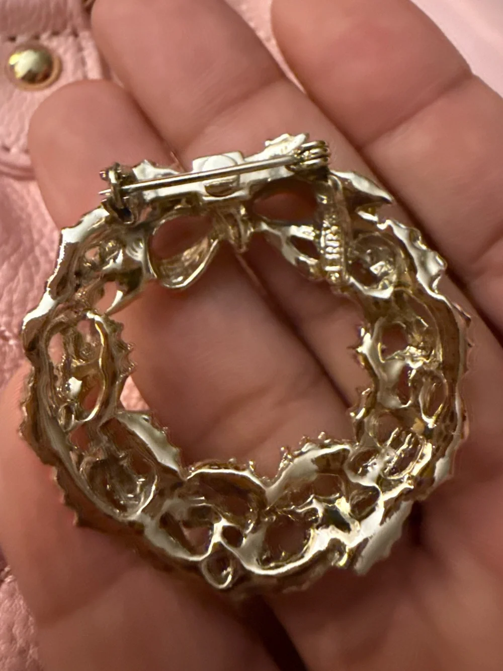 Gold-Tone Holiday Wreath Brooch with Red & Green Accents